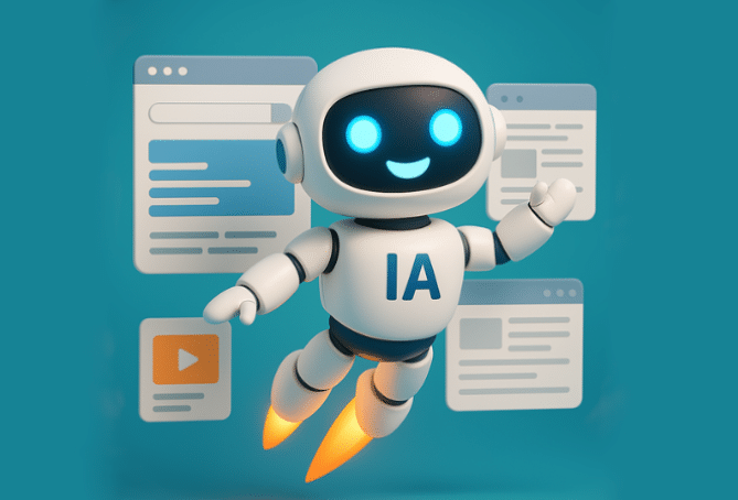 Image d'un petit robot souriant sur lequel il est écrit "IA" en train de voler devant des pages web ouvertes. Il nous salue. Utilisé pour l'article Agents IA générée via GPT4o-image puis modifiée en interne sur Canva.