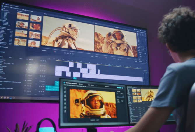 Photo d'un jeune vidéaste qui monte un film sur PC dans son studio. Photo de IStock par EvgeniyShkolenko. Utilisée dans l'article "De Higgsfield à Runway : coup de projecteur sur les IA génératives qui mettent la vidéo à l’affiche".