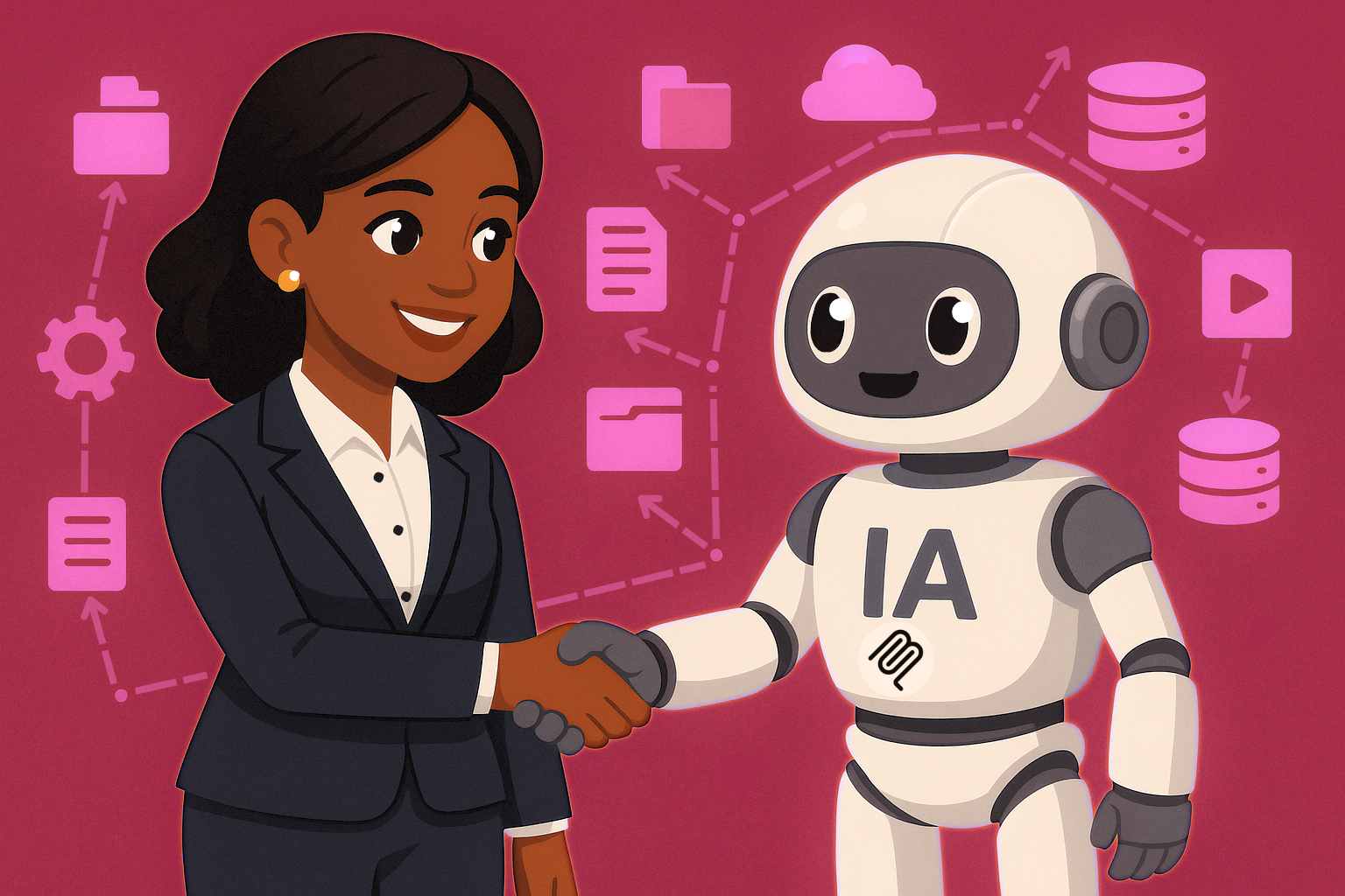 Image en flatdesign d'une femme d'affaires noire serrant la main d'un robot souriant. Sur le poitrail du robot, il est inscrit "IA" avec le logo du MCP. En arrière-plan, on voit des icônes de dossiers, data, cloud reliées par des flèches illustrant le système MCP. Image générée avec GPT4o-image et utilisée dans l'article sur le MCP.
