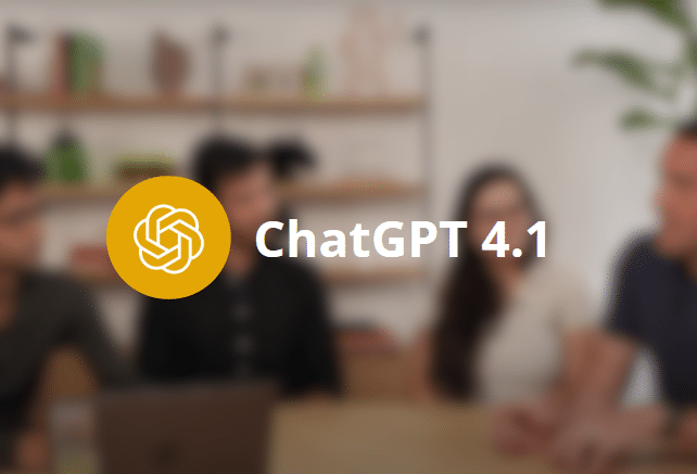 Image d'illustration de l'article sur la sortie du modèle GPT 4.1 d'Open AI. On a la capture floutée de la vidéo de présentation en arrière-plan, et en premier plan, le logo d'Open AI avec la mention "ChatGPT 4.1".