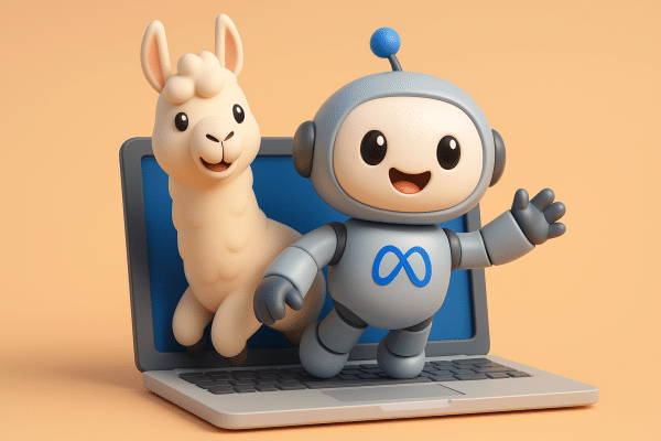 Image en 3d pour l'article sur le modèle IA Llama 4 par Meta. Un robot souriant et amical sort d'un écran d'ordinateur avec un logo de Meta sur son poitrail et salue avec son bras gauche, pendant qu'un petit lama mignon derrière le robot sort lui aussi de l'écran et sourit. Image générée sur GPT-4o image.