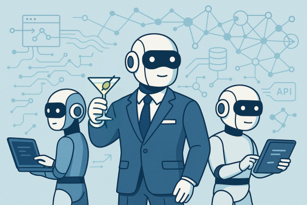 Image pour l'article sur l'agentivité. Un petit robot mignon en costume d'agent secret devant au centre et il tient un vert de cocktail avec une olive dedans (vodka martini), un autre à gauche qui regarde à gauche et un autre à droite qui regarde à droite. Ils ont l'air sérieux mais mignon. Dernière eux des interfaces d’API, des flux de données, et une toile de connexions neuronales.