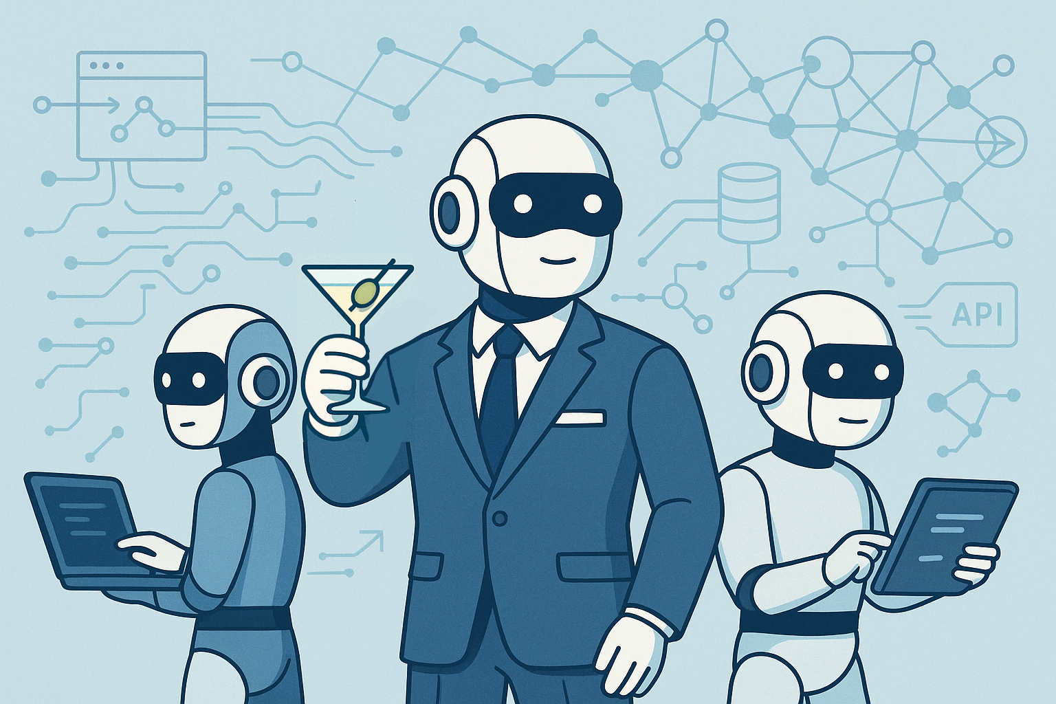 Image pour l'article sur l'agentivité. Un petit robot mignon en costume d'agent secret devant au centre et il tient un vert de cocktail avec une olive dedans (vodka martini), un autre à gauche qui regarde à gauche et un autre à droite qui regarde à droite. Ils ont l'air sérieux mais mignon. Dernière eux des interfaces d’API, des flux de données, et une toile de connexions neuronales.