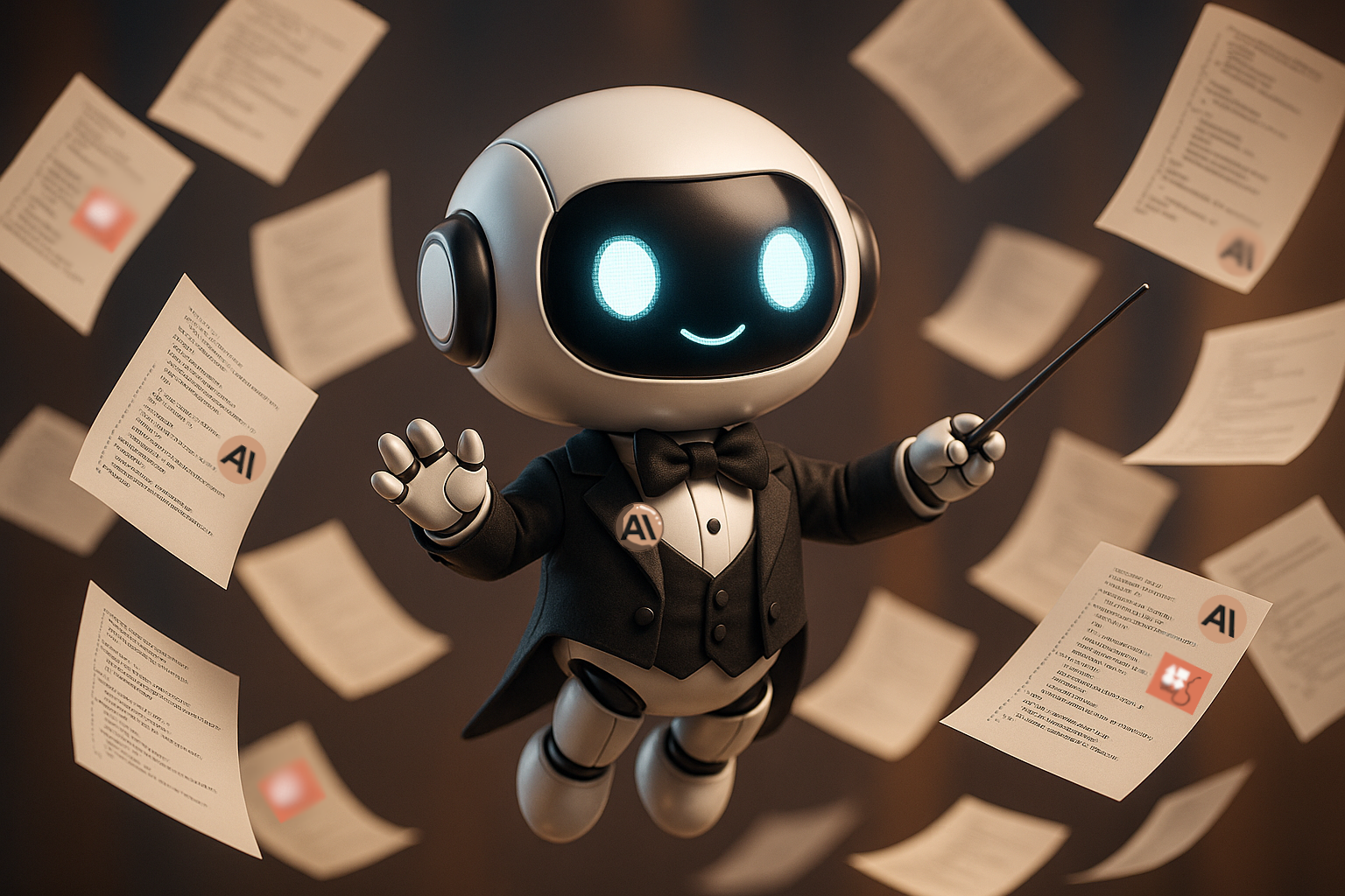 Image format paysage 3D ultra hd d'un petit robot mignon souriant en tenue de chef d'orchestre et un noeud papillon, avec des yeux bleu clair lumineux, et une baguette de chef d'orchestre dans la main, qui vole et est entouré de plein de feuilles de partition qui s'envolent. On retrouve du code, ainsi que les logos d'Anthropic et Claude 4 sur les partitions.
