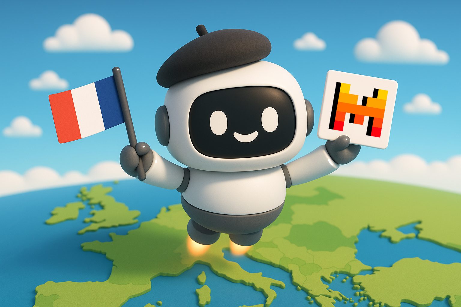 Image d'illustration de l'article sur le modèle Medium 3 et le chat entreprise de Mistral. Un petit robot souriant survole l'Europe et porte un béret, tenant dans sa main droite un drapeau français et dans l'autre le logo de Mistral.