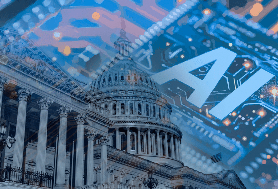 Utilisée pour l'article sur IA défense. Photo du capitole américain aux Etats-Unis (USA) avec en fond des circuits électronique et la mention "AI" sur une puce.