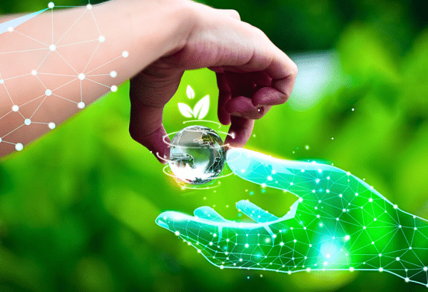 Des mains humaines et des mains de robot IA tenant la planète Terre. Thématique de l'IA, climat, écologie et planète.