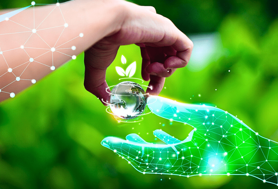Des mains humaines et des mains de robot IA tenant la planète Terre. Thématique de l'IA, climat, écologie et planète.