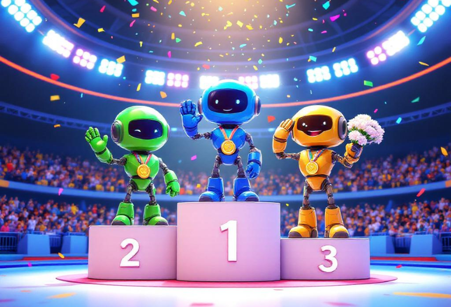 Image de l'article "Comment évaluer l'IA ?" de LabSense. 3 petits robots sont sur un podium et célèbrent leur victoire. Image générée par IA (Mistral AI).