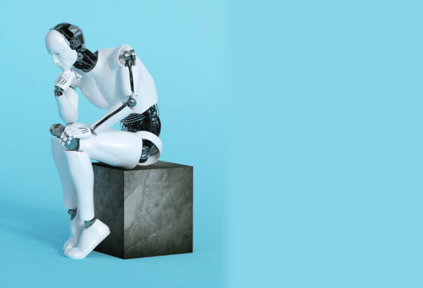 Illustration de l'article LabSense sur les niveaux de l'IA. Photo d'un robot humanoïde en posture de penseur.