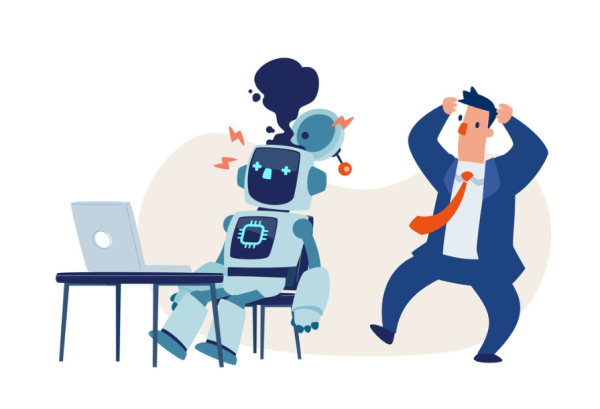 Robot en panne à un bureau avec un homme d’affaires paniqué derrière. Image pour l'article de LabSense sur les hallucinations IA.
