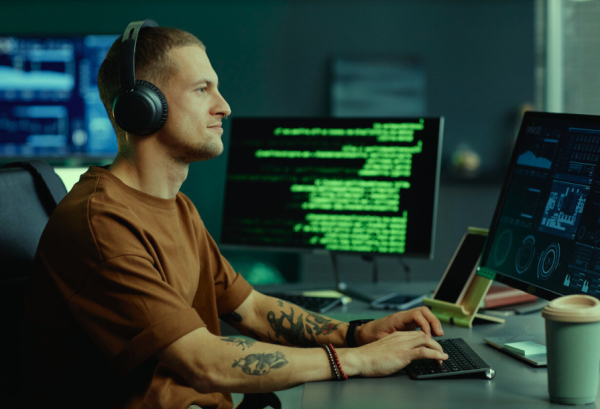 Image d'illustration de l'article de LabSense sur l'IA dans le codage pour les développeurs. Programmeur masculin au casque utilisant l’ordinateur travaillant sur le code à son poste.