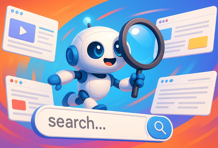 Image d'illustration pour l'article sur les navigateurs IA. Un petit robot mignon et souriant tient une loupe dans sa main dans une pose dynamique. Il se tient au-dessus d'une barre de recherche et est entouré par de multiples pages web. Le tout est très coloré. Image réalisée par ChatGPT d'Open AI.