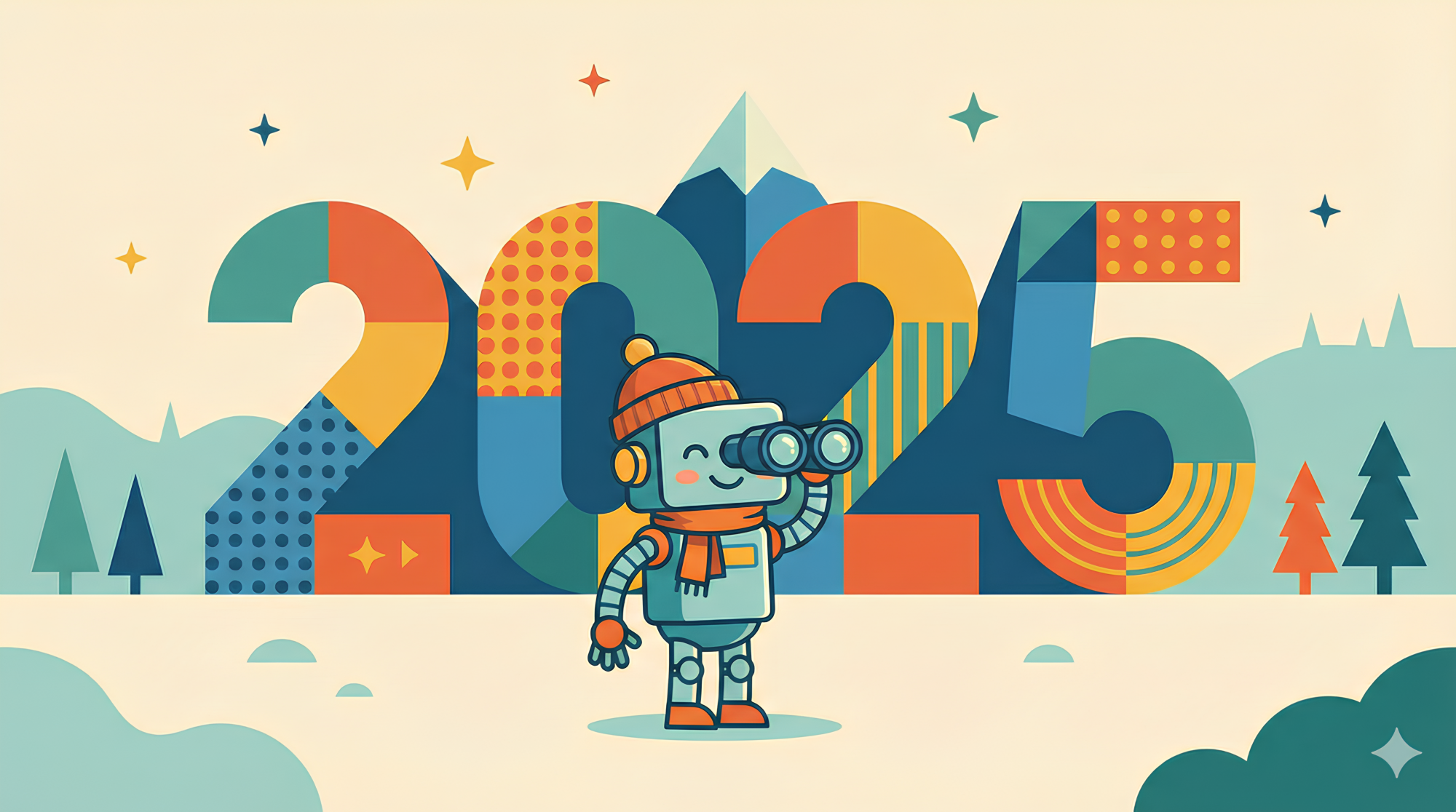 Image générée par NanoBanana Pro. Illustration flat design d'un robot qui regarde le paysage 2025 avec des jumelles. Rétrospective IA générative 2025. Utilisée dans l'article de janvier 2026 sur 5 outils pour générer des vidéos IA.