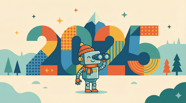 Image générée par NanoBanana Pro. Illustration flat design d'un robot qui regarde le paysage 2025 avec des jumelles. Rétrospective IA générative 2025.