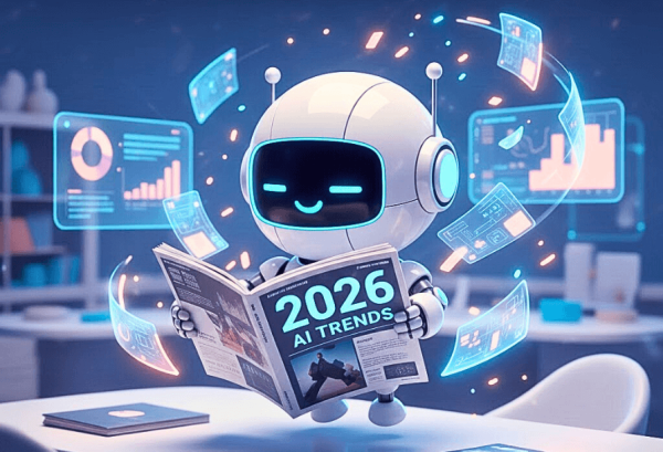 Image d'illustration de l'article sur les tendances de l'IA pour 2026, par LabSense. Un petit robot souriant lit un journal sur les tendances IA 2026.
