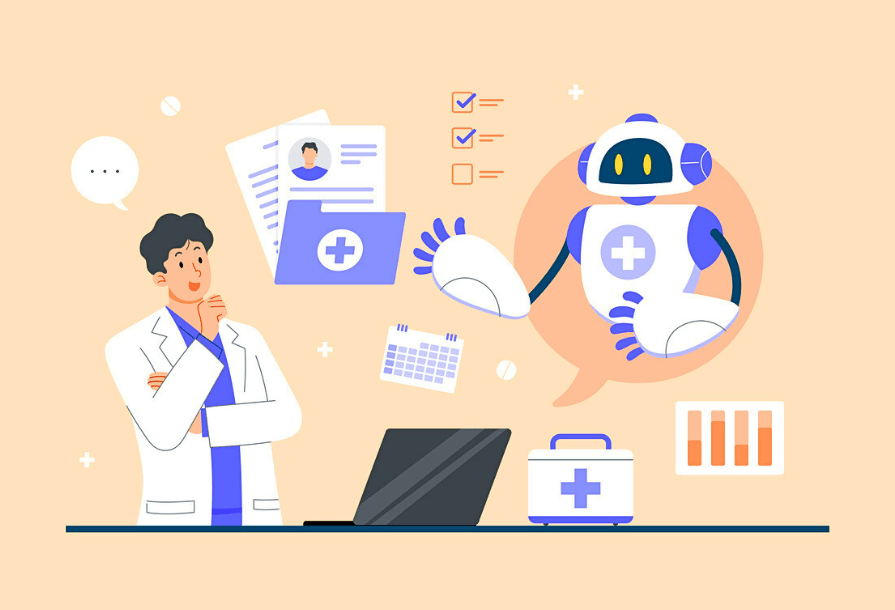 Image en flat design d'un médecin qui travaille avec une IA représentée par un robot. IA en médecine, IA en santé.