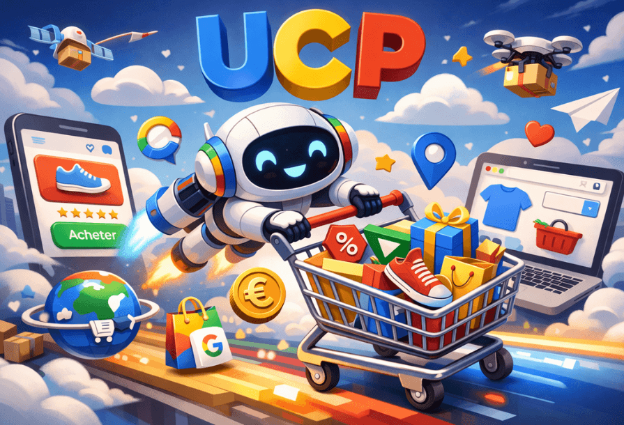 Image de l'article LabSense sur l'UCP de Google et son impact sur le e-commerce. Un petit robot mignon fait ses courses en ligne.