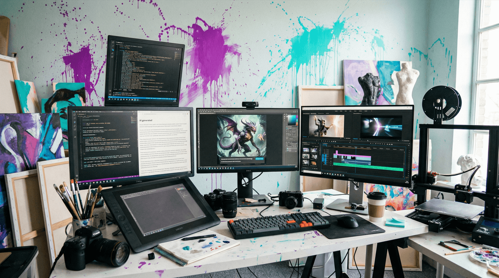 Image d'un studio à la fois technologique et artistique, suggérant l'expertise et la créativité du studio IA de LabSense. Image générée par IA. Il y a des bureaux, des tablettes graphiques, des statues, des taches de peinture, etc.