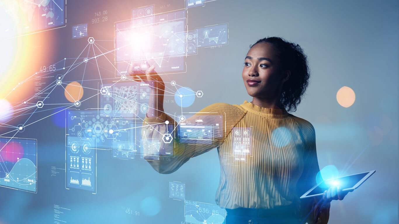 Photo iStock d'une jeune femme interagissant avec des intelligences artificielles. Utilisée pour l'article LabSense pour aider à choisir un modèle IA en 2026.