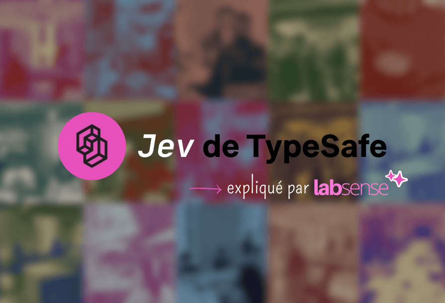 Image d'illustration LabSense pour son article sur Jev, le modèle de TypeSafe AI qui a fait paniquer le secteur IA (prix, fonctionnement, comparaison avec LLM classiques, etc.). Logo de TypeSafe et logo LabSense avec en fond une image prise sur la page "Our Team" dudit site.