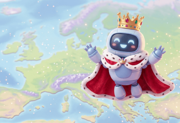 Image générée par Gemini NanoBanana 2 pour illustrer l'article LabSense sur la souveraineté IA. Un robot mignon en 3d est vêtu d'une cape en hermine et porte une couronne de roi sur la tête. Il se lévite en souriant devant une vue spatiale de l'Europe.