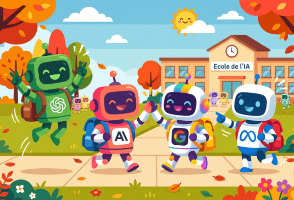 Image générée par NanoBanana 2 utilisée pour l'article "GPT-6 Astra, Claude Fable 5.1, Gemini 3.8... L'IA fait sa rentrée !". Des robots mignons représentant les différents modèles IA de l'article se retrouvent à l'école pour la rentrée.