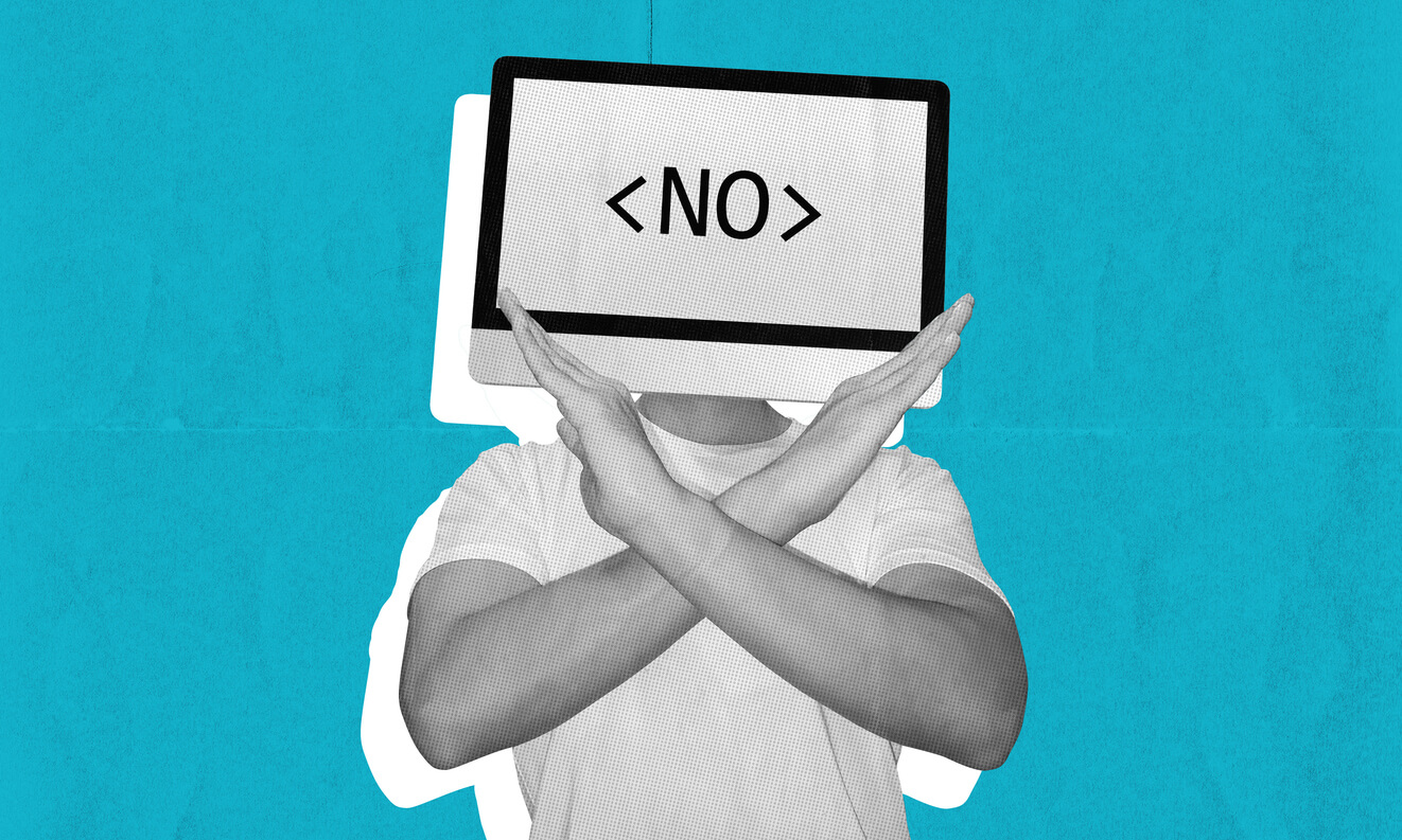 Image robot IA croisant les bras en disant non à l’écran. Utilisée pour l'illustration de l'article LabSense sur la disparition des modèles IA gratuits. Crédits iStock : Mininyx Doodle. Référence de la photo : 2183897906