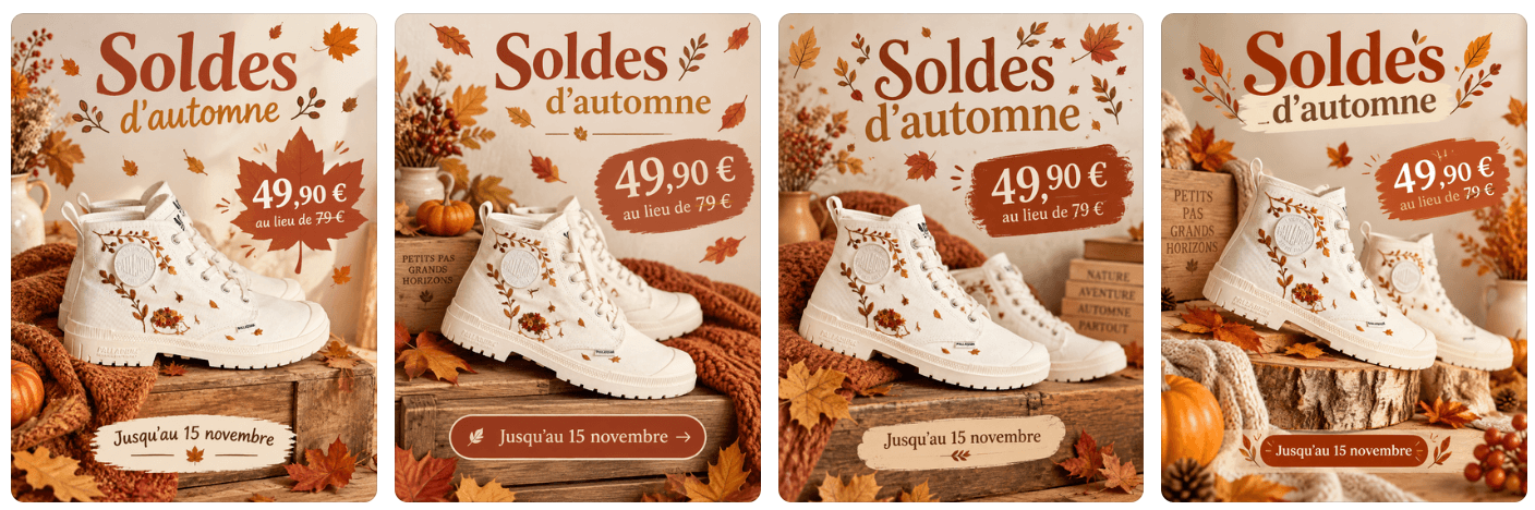 Résultats de génération Canva Craft pour le test LabSense de l'affiche de soldes d'automne sur une paire de baskets blanches