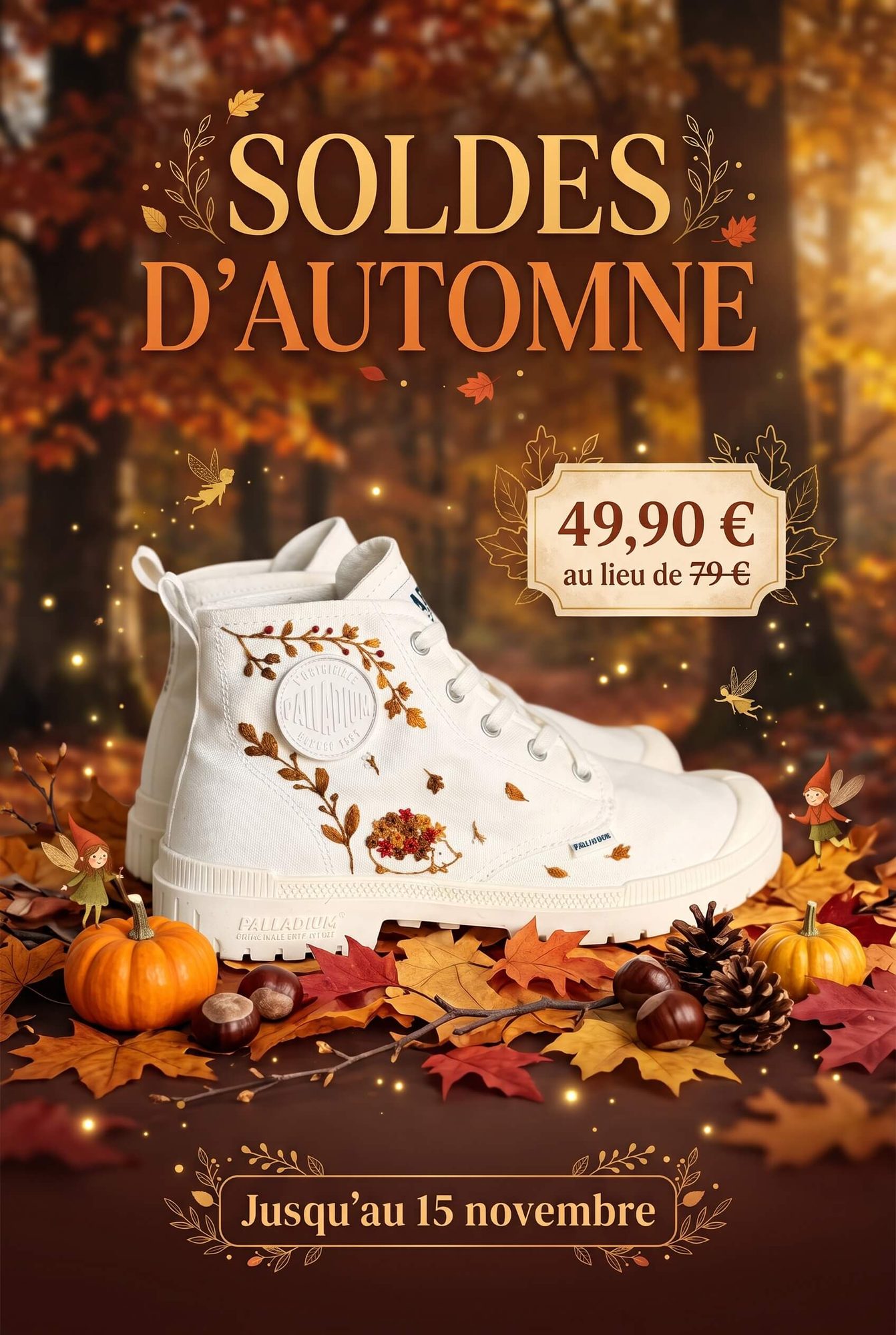 Résultats de génération Gemini Nano Banana pour le test LabSense de l'affiche de soldes d'automne sur une paire de baskets blanches