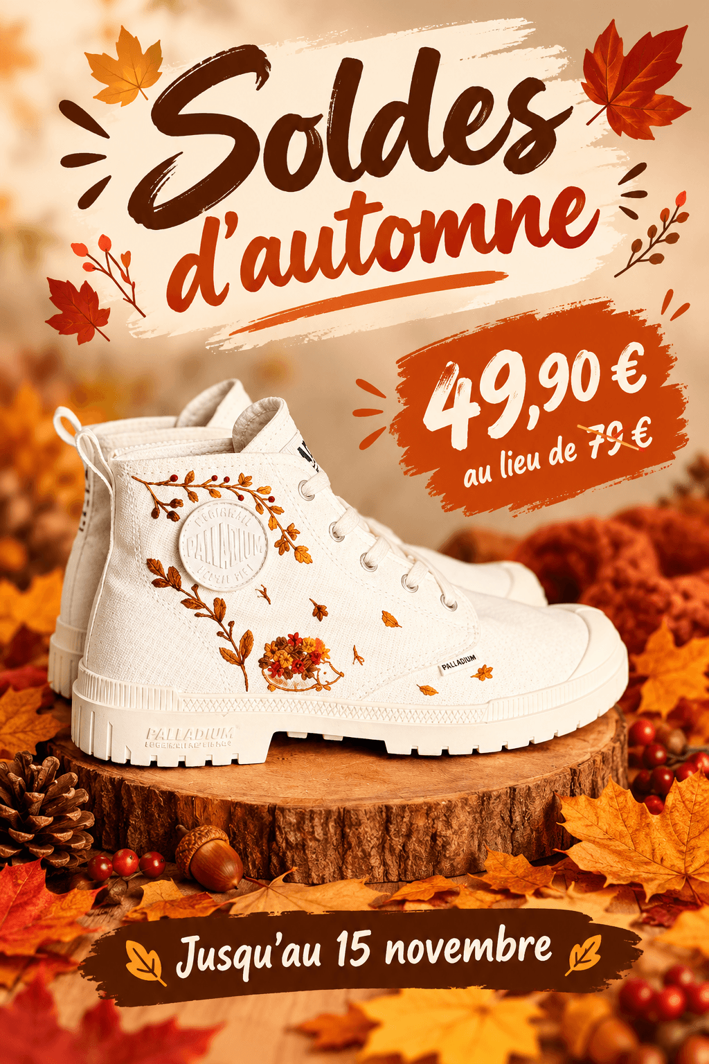 Résultats de génération GPT-Image pour le test LabSense de l'affiche de soldes d'automne sur une paire de baskets blanches